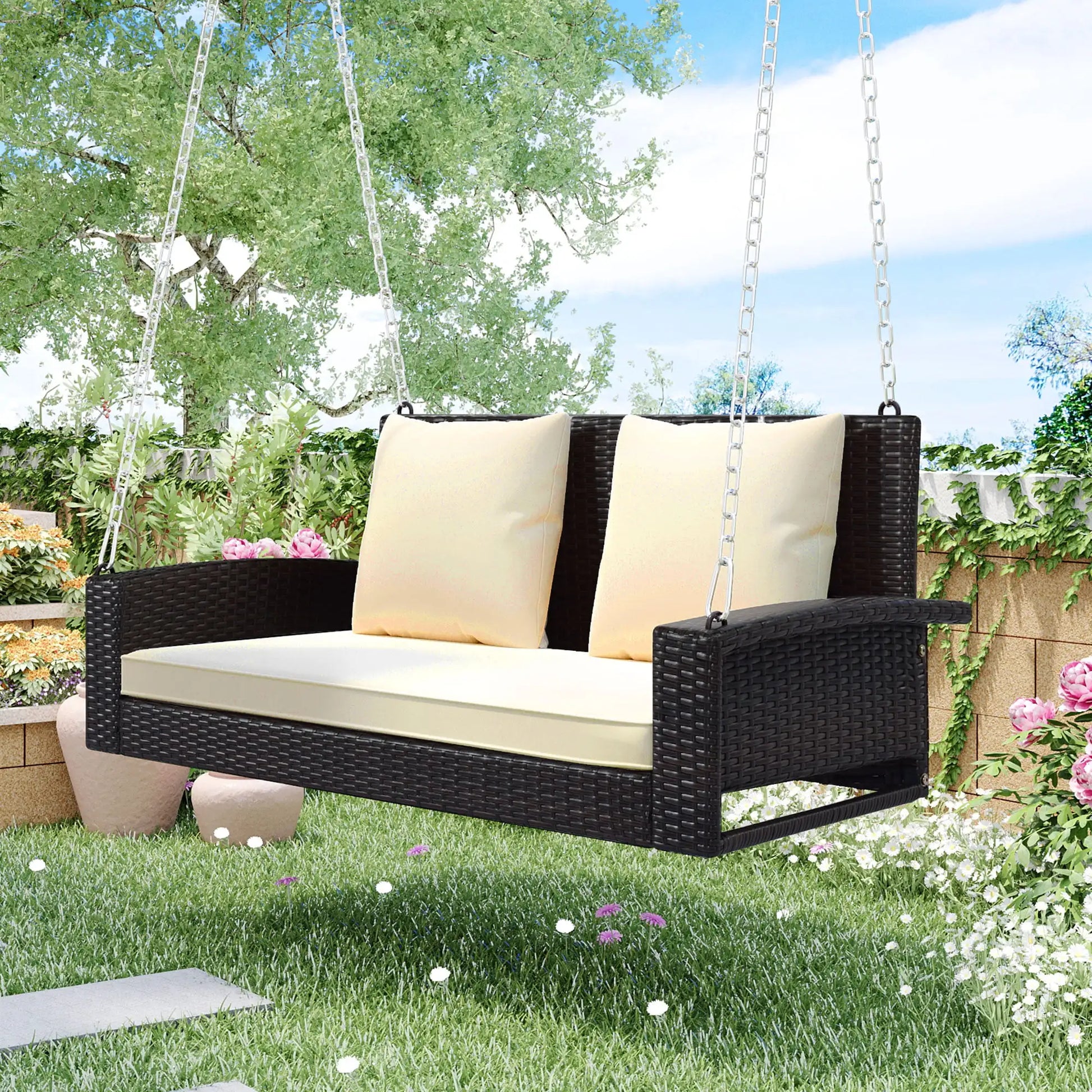 Water-Resistant, outdoor porch swing with pillows and hanging chains. - My Store