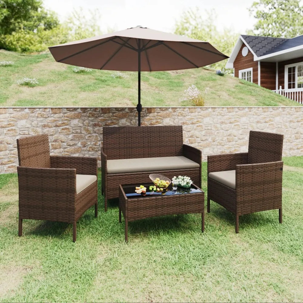 Outdoor 4 piece patio furniture set Piece with wicker rattan chairs and loveseat, - My Store