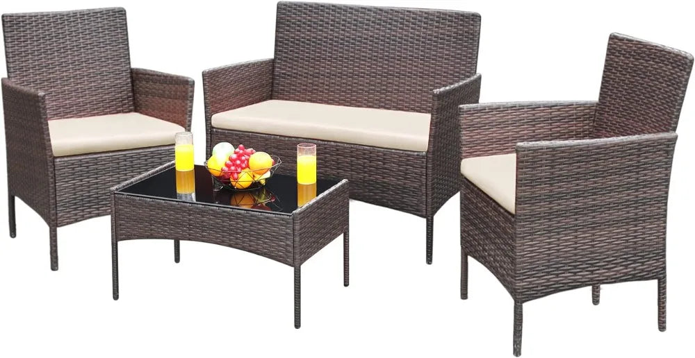 Outdoor 4 piece patio furniture set Piece with wicker rattan chairs and loveseat, - My Store