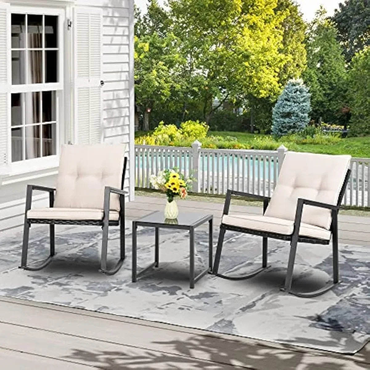 Outdoor 3 Piece Bistro Set with rocking chairs and coffee table. - My Store