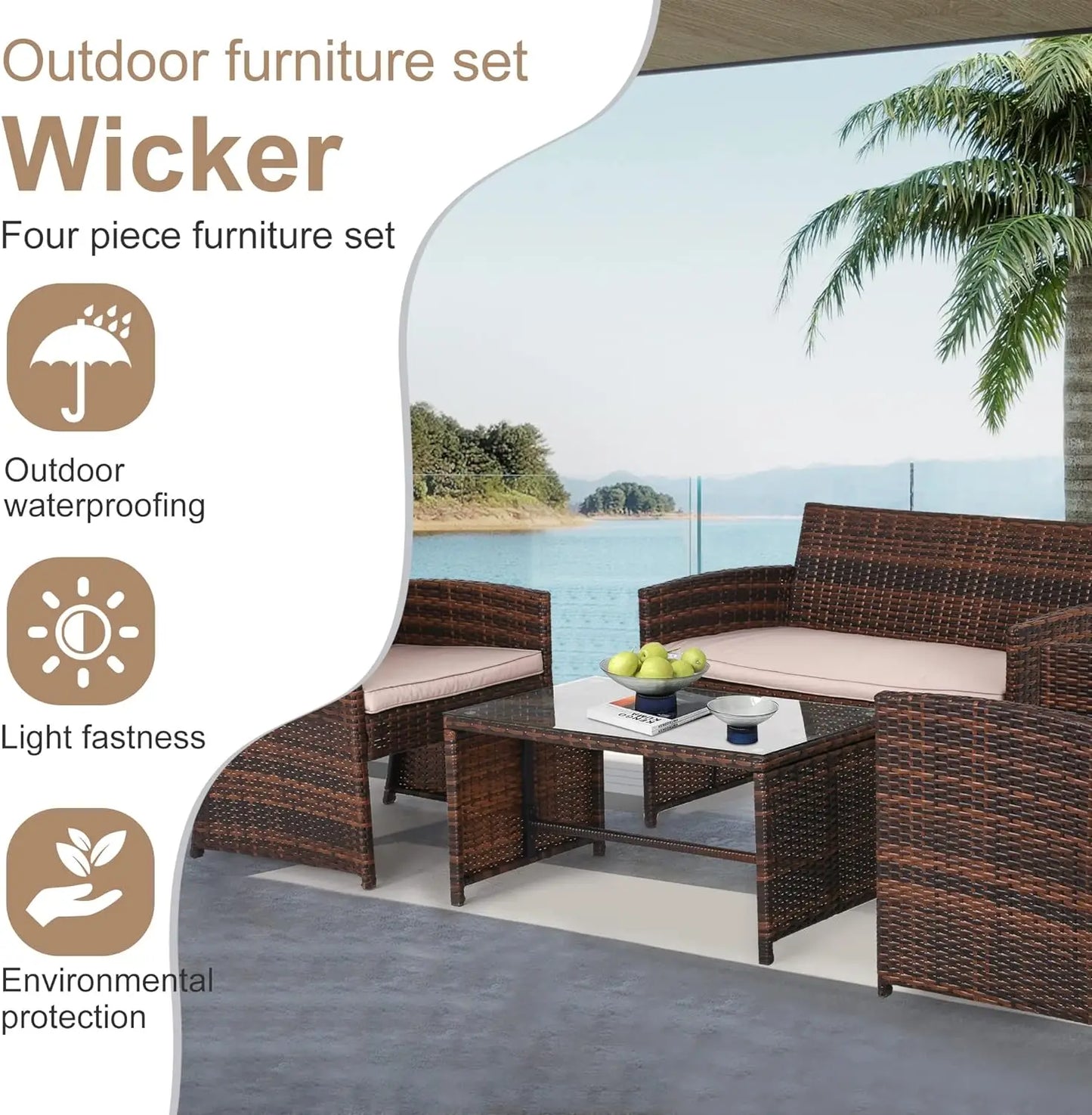4 Pieces, Outdoor Patio Furniture with wicker chairs and table. - My Store
