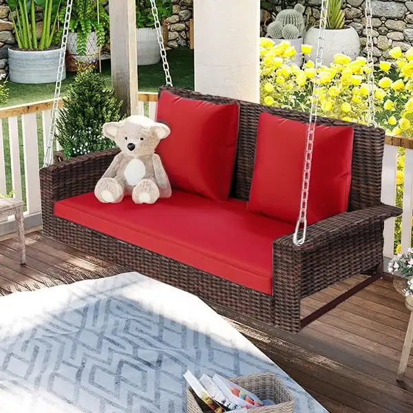 Water-Resistant, outdoor porch swing with pillows and hanging chains. - My Store