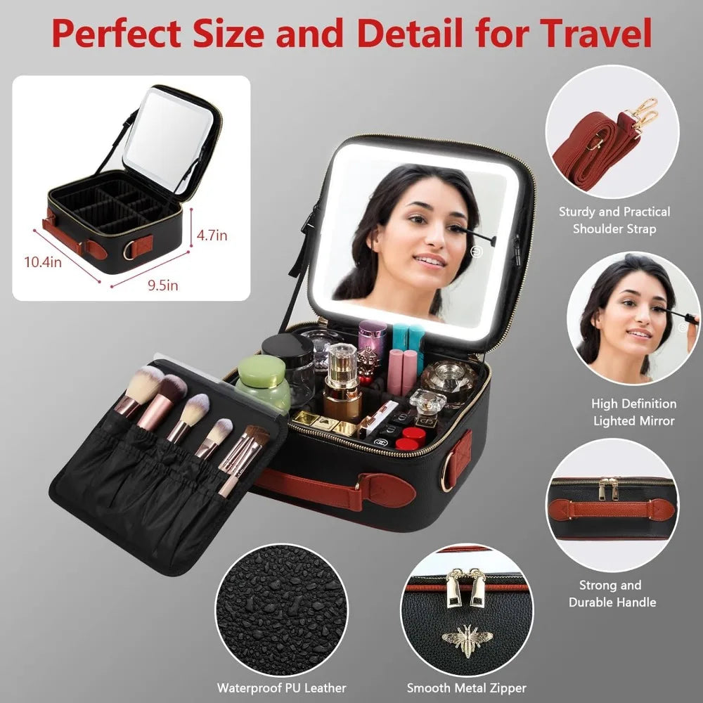 Travel makeup, cosmetic organizer with LED light mirror, adjustable dividers and black strap. - My Store